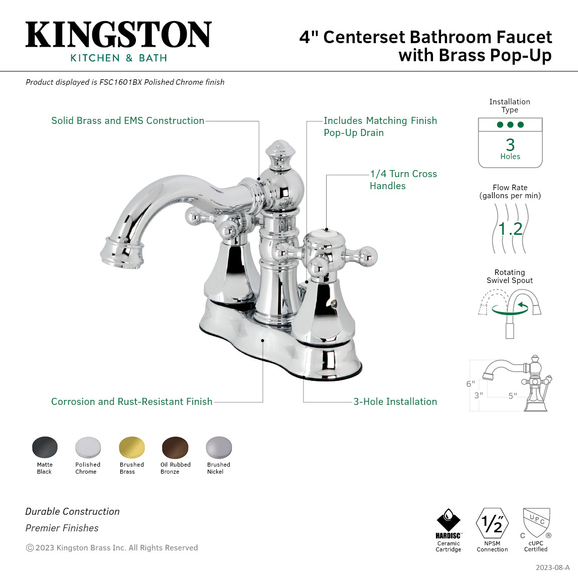 Kingston Heirloom FSC1600BX - Metropolitan Double-Handle 3-Hole Deck Mount 4-Inch Centerset Bathroom Faucet with Brass Pop-Up, Matte Black — thumbnail 3